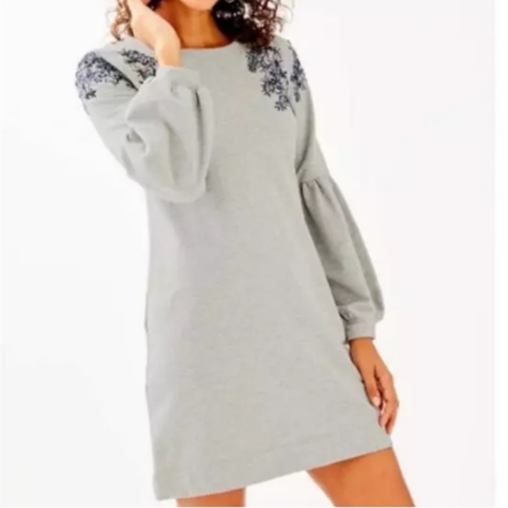 Lilly Pulitzer Gray Long Sleeve Dress with Black Embroidery
